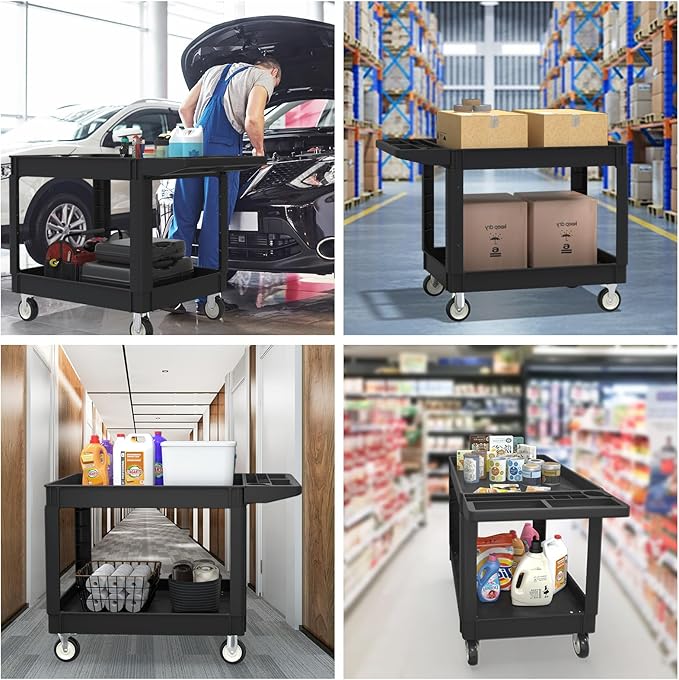 Heavy Duty Utility Rolling Tool Cart, 1000 lbs Capacity Utility Service Cart with Two Trays and Wheels, 46 x 26-Inch Rolling Service Carts Huge Storage, Garage, Warehouse, Workshop, Black