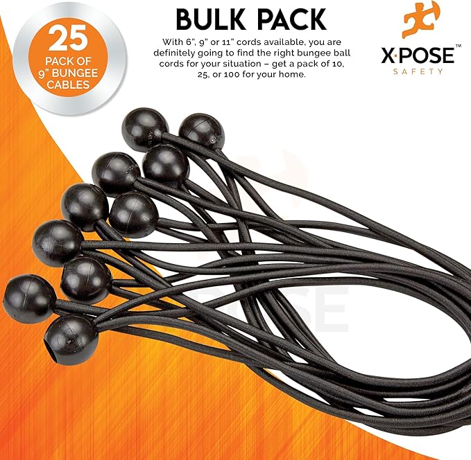 Xpose Safety Bungee Ball Cords 9" 25 Pack Heavy Duty Black Stretch Rope with Ball Ties for Canopies, Tarps, Walls, Cable Organization