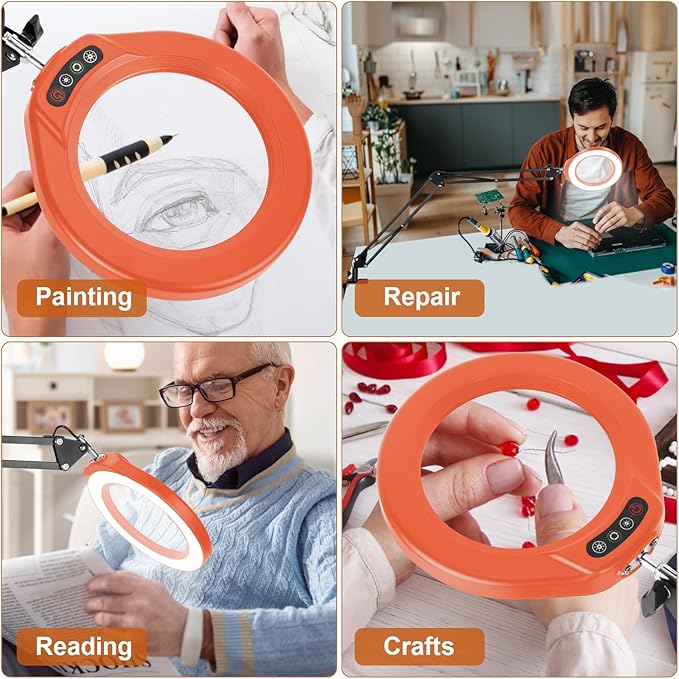 VEEMAGNI 12X 5 Inch Large Real Glass Magnifying Glass with Light and Stand, 5 Color Modes Stepless Dimmable, 2*16 Inch Swivel Arm LED Clamp Desk Lamp, Hands Free Lighted Magnifier for Crafting-Orange