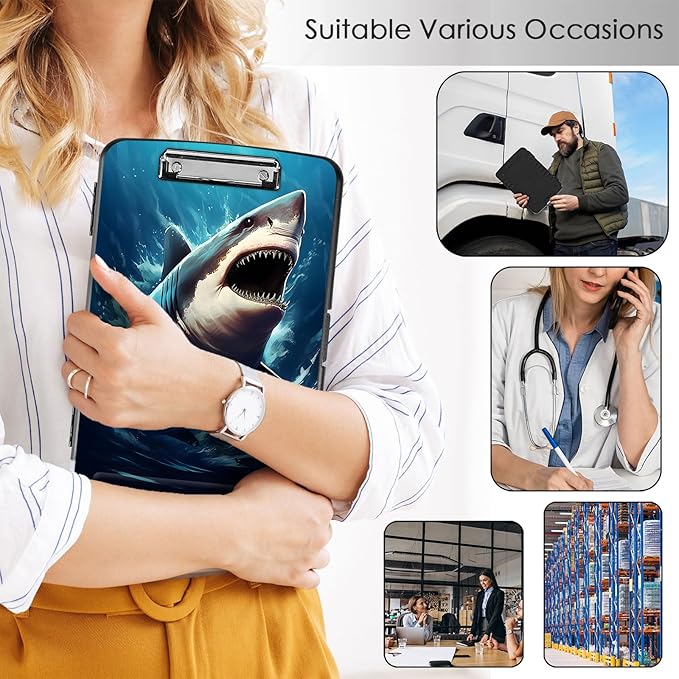 Clipboard with Storage,Office Supplies Nursing Clipboards Folder with Pen Holder Plastic Storage ClipBoard Foldable for Teacher Nurse,Shark in Sea