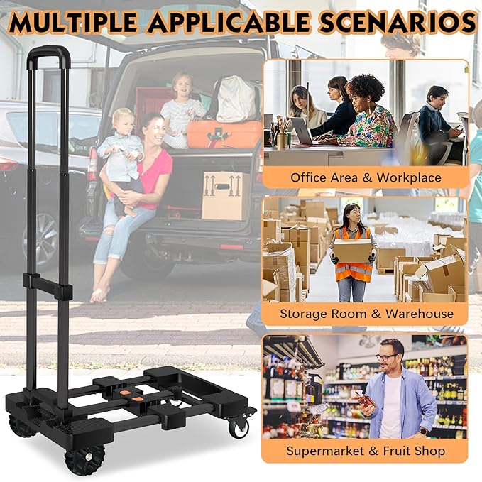 Heavy-Duty 500LB Capacity Hand Truck with One-Touch Retractable Handle & Extendable Plate, Portable Collapsible Dolly Cart with 4 Wheels w/Brakes Folding Luggage Cart for Travel/Home Use, Black