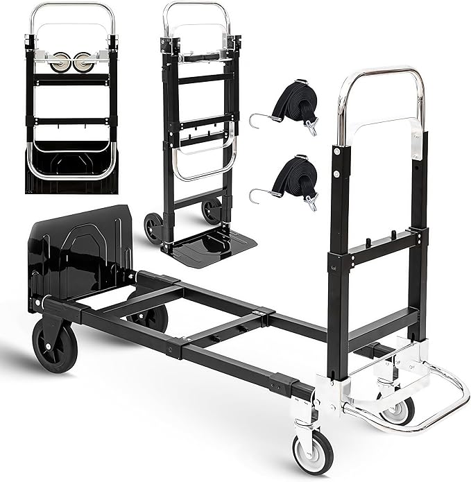 3 in1 Heavy Duty Convertible Hand Truck Dolly Cart, Folding Trolley Cart with Wheels, 600lbs Capacity for Transport Moving in Warehouse, Supermarket, Equipment (Black)