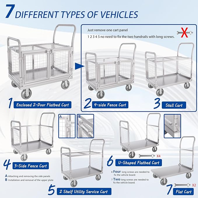 Upgrade Platform Truck with Cage, Mutipurpose 7-in-1 Heavy-Duty Utility Cart,2-Door Design Foldable Flatbed Cart with Industrail Wheels, Rmovable Fence, Load 2000lbs for Grocery/Laundry/Stall/Storage