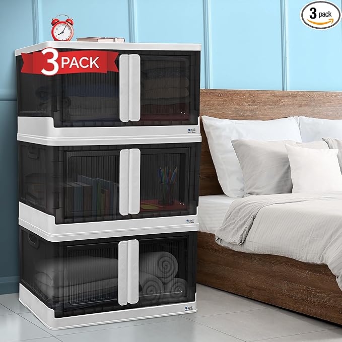 Reli. Storage Bins with Lids and Doors (3 Pack) | 19 Gallon Collapsible Storage Bins with Lids | Collapsible Stackable Plastic Cabinet with Built-in Wheels | Heavy Duty Closet Organizers