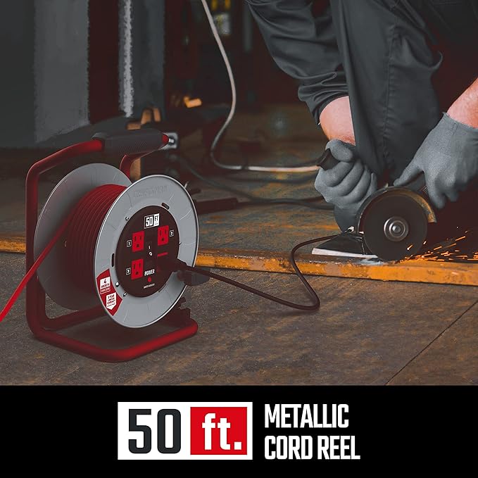 CRAFTSMAN 50 Ft. Contractor Edition Retractable Extension Cord Reel with 4 Outlets & Heavy Duty 12AWG SJTW Cable