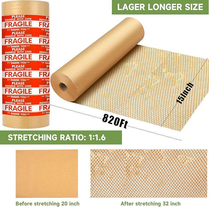 Honeycomb Packing Paper Wrap 15''x820', Substitute Alternative for Bubble Cushioning Wrap for Moving Shipping Packaging, Recyclable Moving Supplies with 48 Fragile Sticker Labels