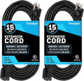 13 Amp Outdoor Extension Cord 15 ft, 2 Pack, 16/3 SJTW 15 Foot Black Extension Cord 3 Prong Multi Pack, Weatherproof ExteriorPower Cable for Outdoor Lights, Landscaping, Lawn, UL Certified