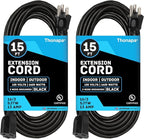 13 Amp Outdoor Extension Cord 15 ft, 2 Pack, 16/3 SJTW 15 Foot Black Extension Cord 3 Prong Multi Pack, Weatherproof ExteriorPower Cable for Outdoor Lights, Landscaping, Lawn, UL Certified