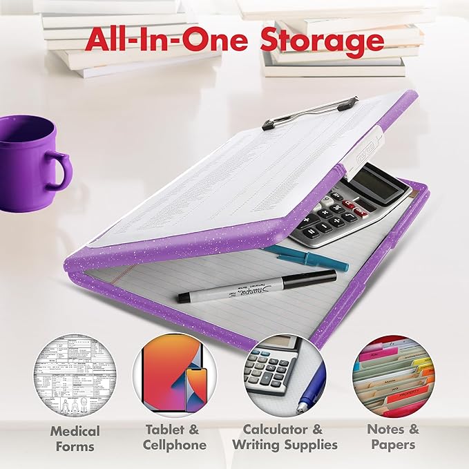Dexas Slimcase 2 Plastic Clipboard with Storage & Side Opening, Purple Glitter,Office Supplies Clipboards to Organize,Carry & Store, A4 Holder,Style and Functionality Nursing Clipboard(Pack of 6)