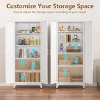 Kitchen Pantry Cabinet, 75" H Metal Storage Cabinet with Doors and Shelves, 4 Standing Feet, Cupboard for Kitchen, Dining, Living Room, 16" D x 32" W x 75" H, White, Assembly Required