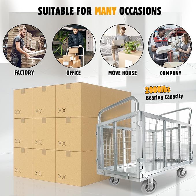 Platform Truck Cart with Cage, Multipurpose 6 in1 Foldable Flatbed Cart Heavy Duty Push Cart Dolly W/Swivel Wheels 2000lbs Capacity Utility Hand Cart for Grocery/Laundry/Stall/Storage