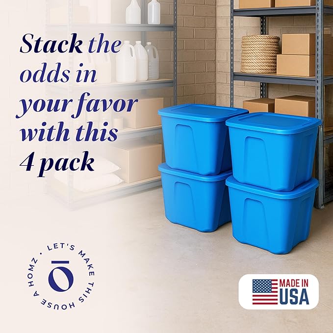 HOMZ 4-Pack Durable Molded Bin, Plastic Storage Containers w/Lids, 10 Gallon, Blue - Stackable Organizer Totes and Boxes for Bedroom, Kitchen, and Garage Organization