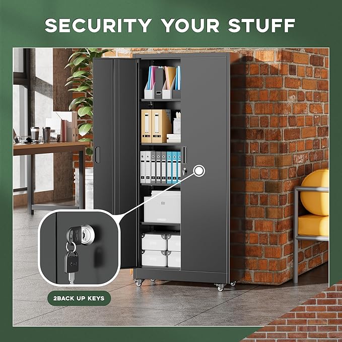 Greenvelly Metal Storage Cabinet with Wheels, 73" Black Lockable Rolling Storage Cabinets with Doors and 4 Adjustable Shelves, Large Steel Cabinet for Garage, Office, Home, School