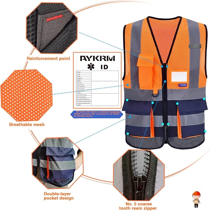 A-SAFETY High Visibility Mesh Safety Reflective Vest with Pockets and Zipper,Hi Vis Viz Reflective Safety Vest(Orange&Navy Mesh L)