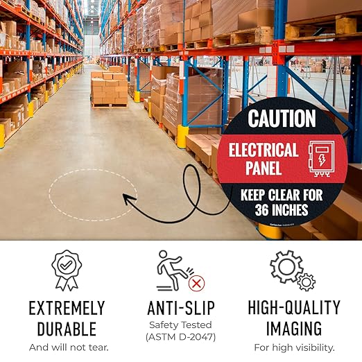 Caution Electrical Panel Circle Floor 10x10 inches, Floor Decal Anti-Slip Adhesive Floor Sign Made in USA