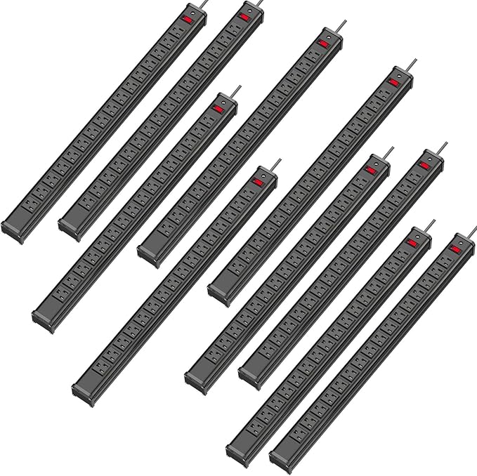 10-Pack Long Surge Protector Power Strip,16 Outlet Heavy Duty Power Strip Metal Power Bar,10 FT Long Extension Cord with Circuit Breaker for Garage,Workshop, 125V/1875W, ETL Listed, Black