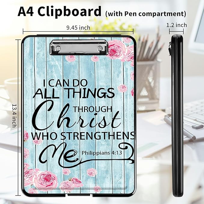 A4 Clipboards,Heavy Duty Waterproof Nursing Plastic Folder Clipboard with Storage Clip Boards,File Folder Storage Box Clipboard Case for Teacher,Doctor,Offices,Bible Verses Philippians 4-13