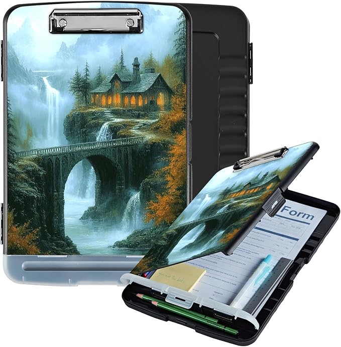Clipboard with Storage Box & Pen Holder,Heavy Duty Clip Boards 8.5x11 for Nursing,High Capacity,School & Office Supplies,Mountain Cottage Bridge