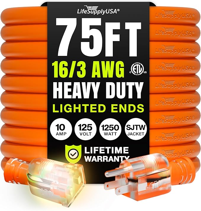 75ft Outdoor/Indoor Extension Cord 16/3 Gauge Heavy Duty 3 Prong SJTW, Waterproof, ETL Listed, Flexible Cold-Resistant Long Power Cord,10A 125V 1250W, Orange by LifeSupplyUSA