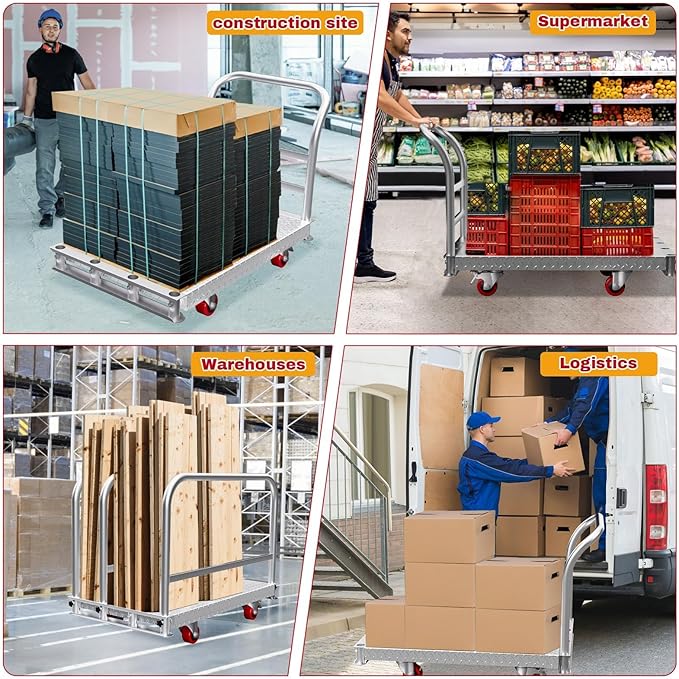 2IN1 Steel Panel Cart Dolly – Large Heavy Duty Drywall Lumber Truck Cart with 2700 LBS Capacity, 40 x 24 Inch 2.2MM Steel Plate, 6.3" Swivel Brake Wheels, 1 Front & 3 Side Handrails