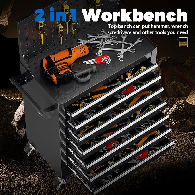 INTERGREAT 7 Drawers Rolling Tool Chest with Pegboard, Metal Tool Chest with Drawers, Tool Storage Cabinet with Wheels for Garage, Workshop, Repair Shop, Black
