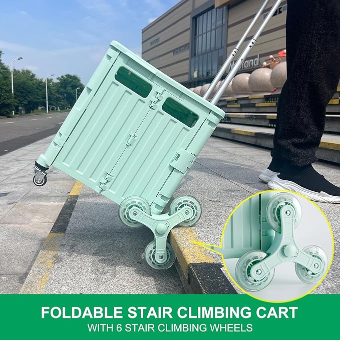 Foldable Utility Cart with Stair Climbing Wheels, Collapsible Rolling Crate with Telescoping Handle, Shopping Trolle Handcart Grocery Book File Tool Art Supplies Teacher Storage Basket(Green)