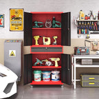 73" Metal Garage Storage Cabinet with Wheels， Rolling Tool Storage with Locking Doors， Adjustable Shelves and Drawer, Heavy Duty Steel Tool Cabinet for Garage, Warehouse, School(Red Black)