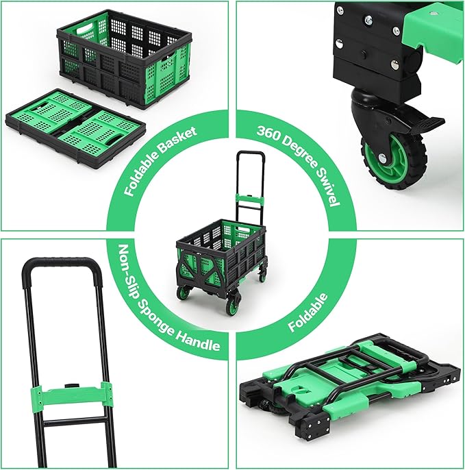2-in-1 Folding Hand Truck with Folding Basket,Collapsible Hand Truck Dolly with Retractable Handle and 4 Wheels,330 LB Capacity Portable Dolly Cart for Moving and Shopping,Durable and Easy to Store