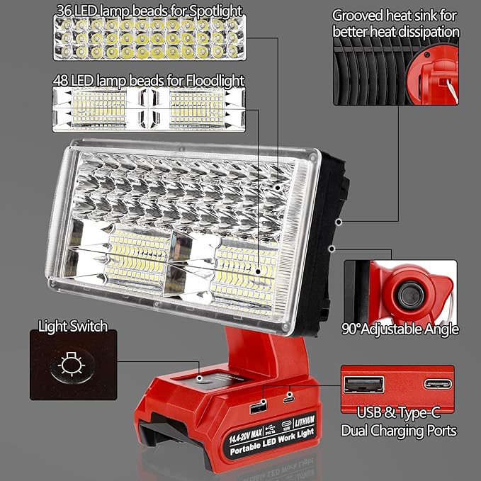 50W 4200LM Cordless LED Work Light for Milwaukee M18 18V Battery Portable Flood Lights for Outdoor Indoor Workshop Job Site, Floodlight & Spotlight Modes/Pivoting Head/USB Port(No Battery)