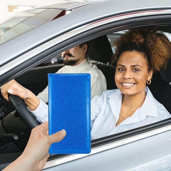 Car Registration and Insurance Holder, Leather Magnetic Shut Vehicle Glove Box Organizer for Document, Card, Driver License, Glitter Blue