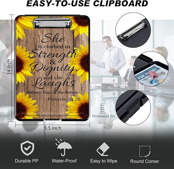 Clipboard with Storage, Hard Letter A4 Size Clip Board with Pen Holder & Paper Organizer, Heavy Duty Portable Writing Pad for Nurses Students Teachers Office Jobsite Contractor, Sunflower Bible