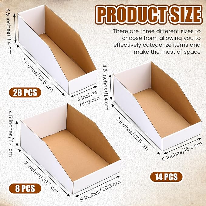 50 Pack Cardboard Storage Bins Assorted Sizes, Cardboard Boxes, 28 Pack 12x4x4.5, 14 Pcs 12x6x4.5, 8 Pcs 12x8x4.5 Corrugated Organizer Bins for Pantry, Shelves, Garage, Office, Shop