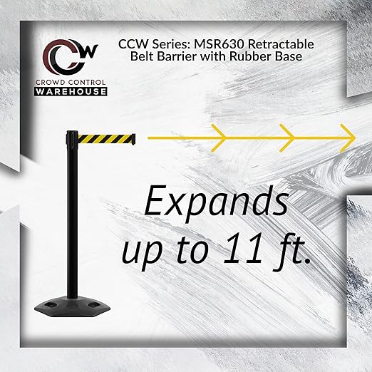 CCW Series WBB-200 Set of 2 Outdoor Safety Rubber Base Stanchion Retractable Belt Barriers - Easy to Assemble (11 Foot Belt, Yellow with"Caution - Wet Floor" Black Letters Belt with Black Post)