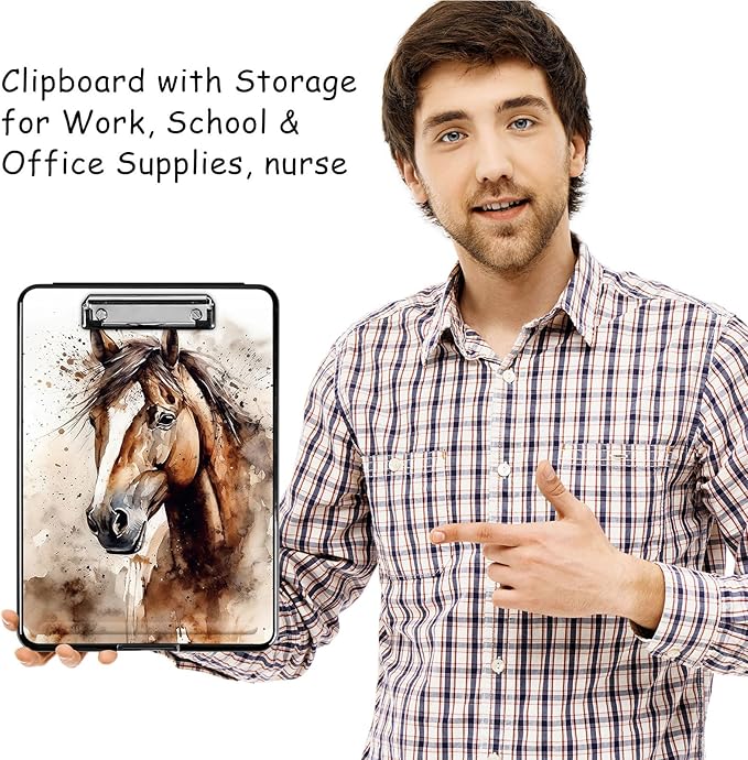 Clipboard with Storage, High Capacity Plastic Storage Clipboard with Pen Holder for for Women Teachers Work, School & Office Supplies, Cute Pattern Decorative Clipboards, Horse