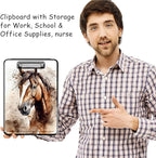 Clipboard with Storage, High Capacity Plastic Storage Clipboard with Pen Holder for for Women Teachers Work, School & Office Supplies, Cute Pattern Decorative Clipboards, Horse