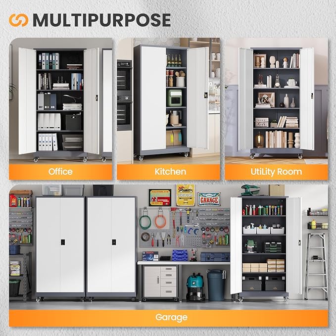Garage Cabinet with Wheels and Adjustable Shelves, Metal Garage Storage Cabinets with 2 Doors, Storage Caninet with Lock, Large Tool Cabnet for Workshop/Home/Office-(Gray White 75”H)
