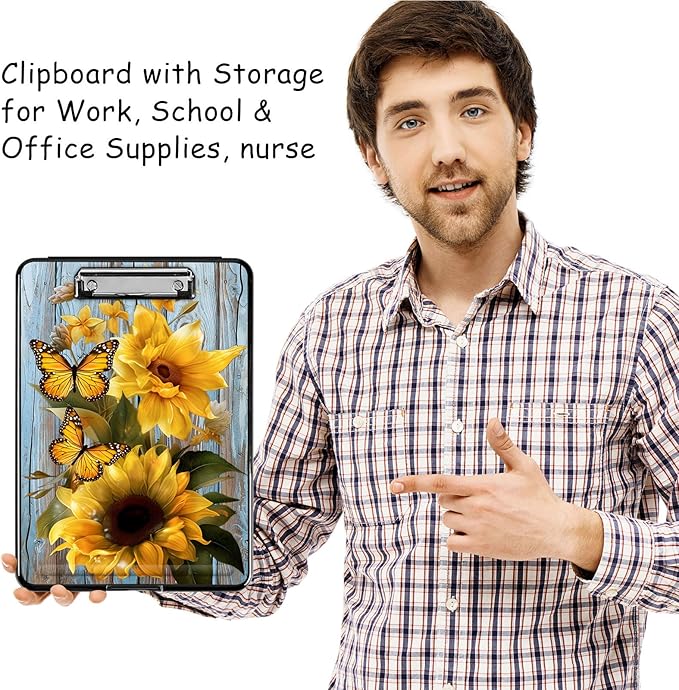 Clipboard with Storage, High Capacity Plastic Storage Clipboard with Low Profile Clip for Women Teachers Work, School & Office Supplies, Cute Pattern Decorative Clipboards, Sunflower Butterfly