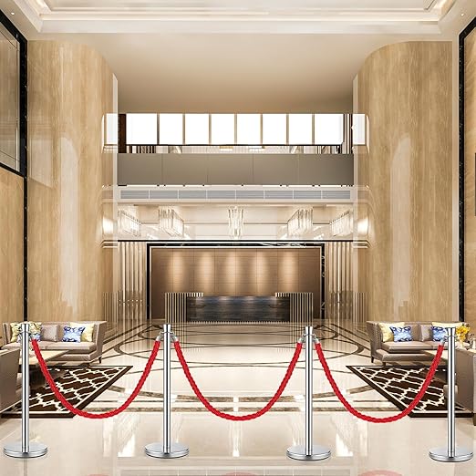 Wesiti 6 Pcs Silver Stainless Steel Stanchion Post with 5 ft Red Braided Rope Crowd Control Stanchions Red Carpet Ropes and Poles Crowd Control Barriers for Party Concert Theater Hotels