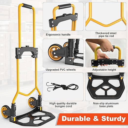 Folding Hand Truck Dolly Cart, 180LBS Portable Aluminum Hand Truck Foldable with Telescoping Handle and Elastic Cord for Luggage, Boxes, Functionality Foldable Dolly for Home, Moving, Black Yellow