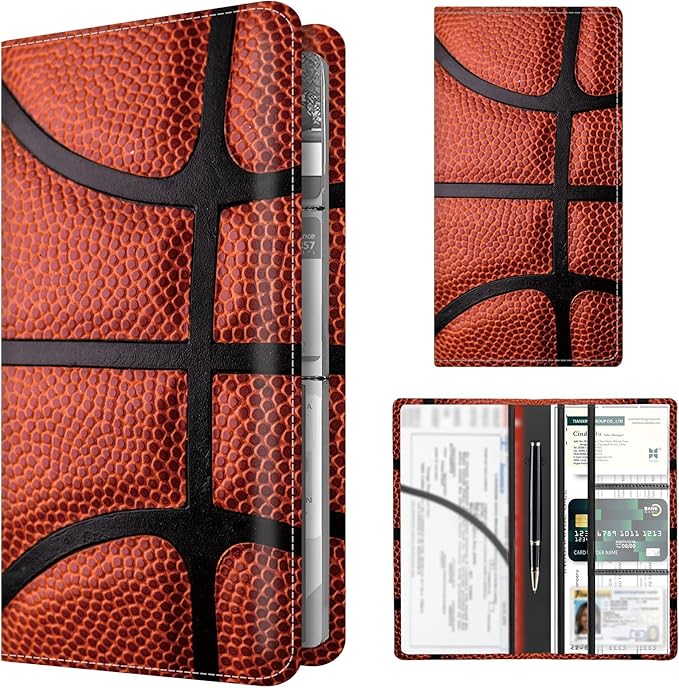 Premium Car Registration and Insurance Card Holder, Cute PU Leather Car Document Holder, Vehicle Glove Box Car Organizer with Magnetic Closure for Driver License, Cards Basketball Texture