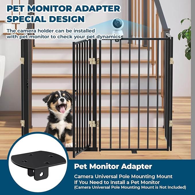 Metal Freestanding Dog Gate Outdoor-4 Panels with Door, Extra Wide Foldable Pet Fence with Pet Monitor Adapter, 32'' Height Tall Dog Gate for Doorways, Stairs, Hallways, Yard, Indoor