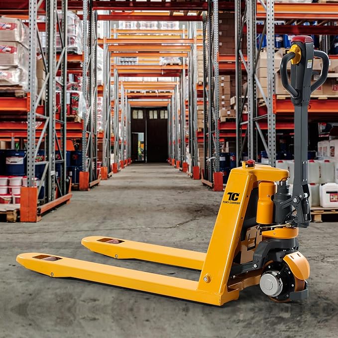 Tory Carrier Electric Pallet Jack Truck, 3300lbs Capacity Motorized Pallet Lift Trucks, 48" x 27" Fork Size Powered Lithium Battery Truck for Indoor Storage and Material Handling for Warehouse Yellow