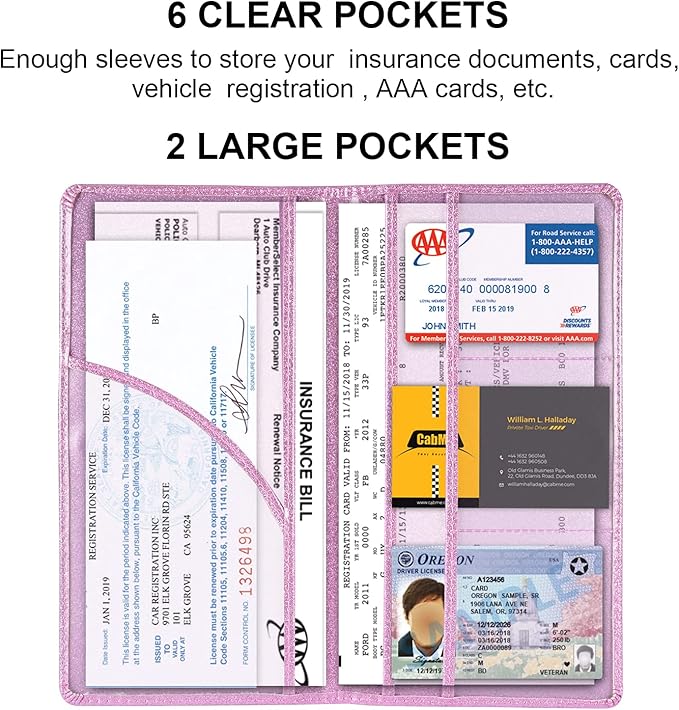 Cacturism Car Registration and Insurance Holder, Car Accessories Vehicle Glove Box Car Organizer Men Women Wallet Case with Magnetic Shut for Cards, Essential Document, Driver License, Bling Pink