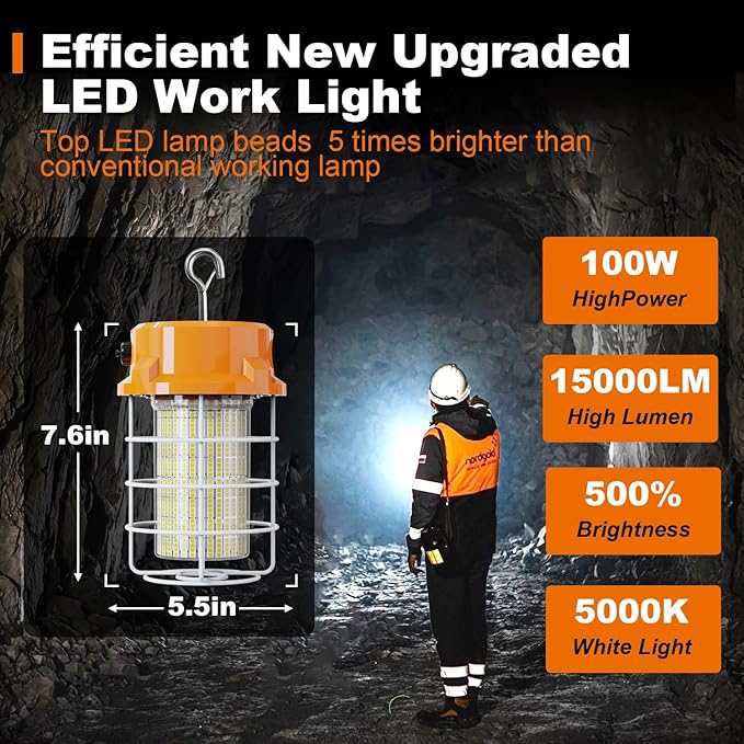 100W LED Temporary Work Light 15000lm Construction Lights 5000K Temp Light, Temp Work Lights Stainless Steel Guard Sturdy Hook Hanging for Outdoor Indoor High Bay Fixture Mine Workshop Jobsite