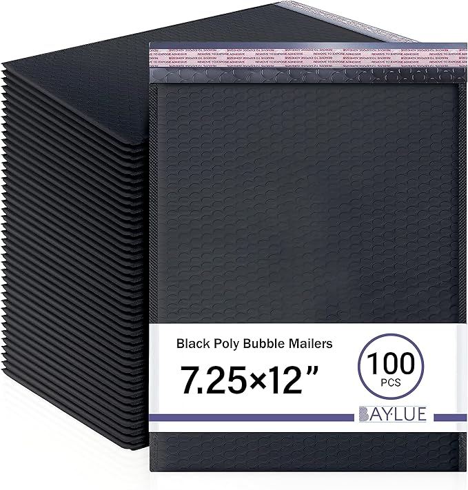 Black 7.25x12 Inch Poly Bubble Mailers #1 | Self Seal Padded Envelopes | Air Cushioned Bubble Mailer | Usable Size 7.25x11 Inch | 100 Pack Bulk | Waterproof | Lightweight Mailing Shipping Bags