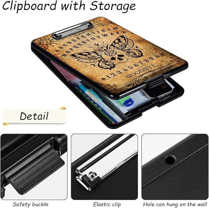 Clipboard with Storage, High Capacity Plastic Storage Clipboard with Low Profile Clip for Women Teachers Work, School & Office Supplies, Cute Pattern Decorative Clipboards, Ouiji Board
