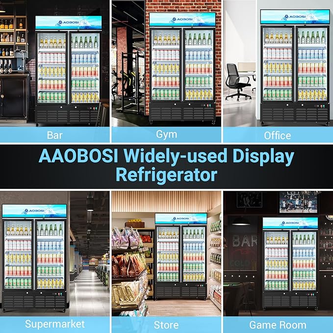AAOBOSI Commercial Merchandiser Refrigerator,27.02 Cu.Ft Glass Door Display Refrigerator,Upright Beverage Cooler Fridge with Soft LED Light, Customizable Lightbox,Universal Casters,Adjustable Shelves