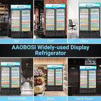 AAOBOSI Commercial Merchandiser Refrigerator,27.02 Cu.Ft Glass Door Display Refrigerator,Upright Beverage Cooler Fridge with Soft LED Light, Customizable Lightbox,Universal Casters,Adjustable Shelves