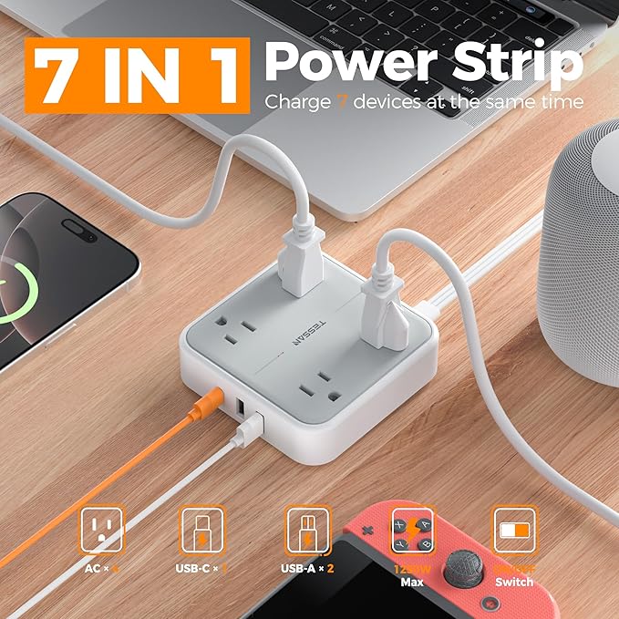 TESSAN Surge Protector Power Strip, 1 Ft Ring Pull Short Extension Cord with Multiple Outlets, 3 USB (1 USB C) 4 Outlets, 900J Surge Protection, Desktop Charging Station for Home, Office, Dorm Room