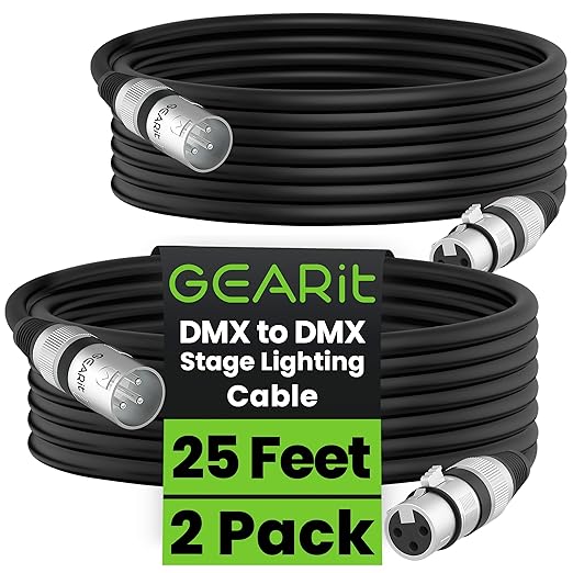 GEARit DMX to DMX Stage Lighting Cable (25 Feet, 2-Pack) DMX Male to Female (XLR Compatible) 3-Pin Balanced Shielded for DJ LED Moving Head Par Light, Mic Mixer, Recording Studio, Podcast - 25ft